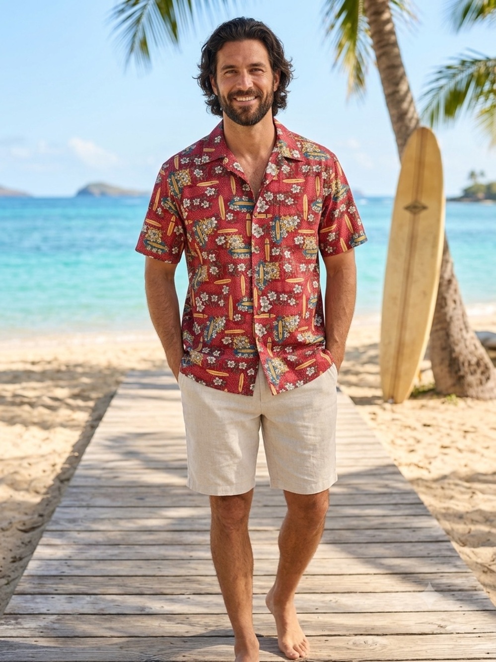 Vintage Men's Aloha Red Tropical Print Short-Sleeve Button-Down Shirt